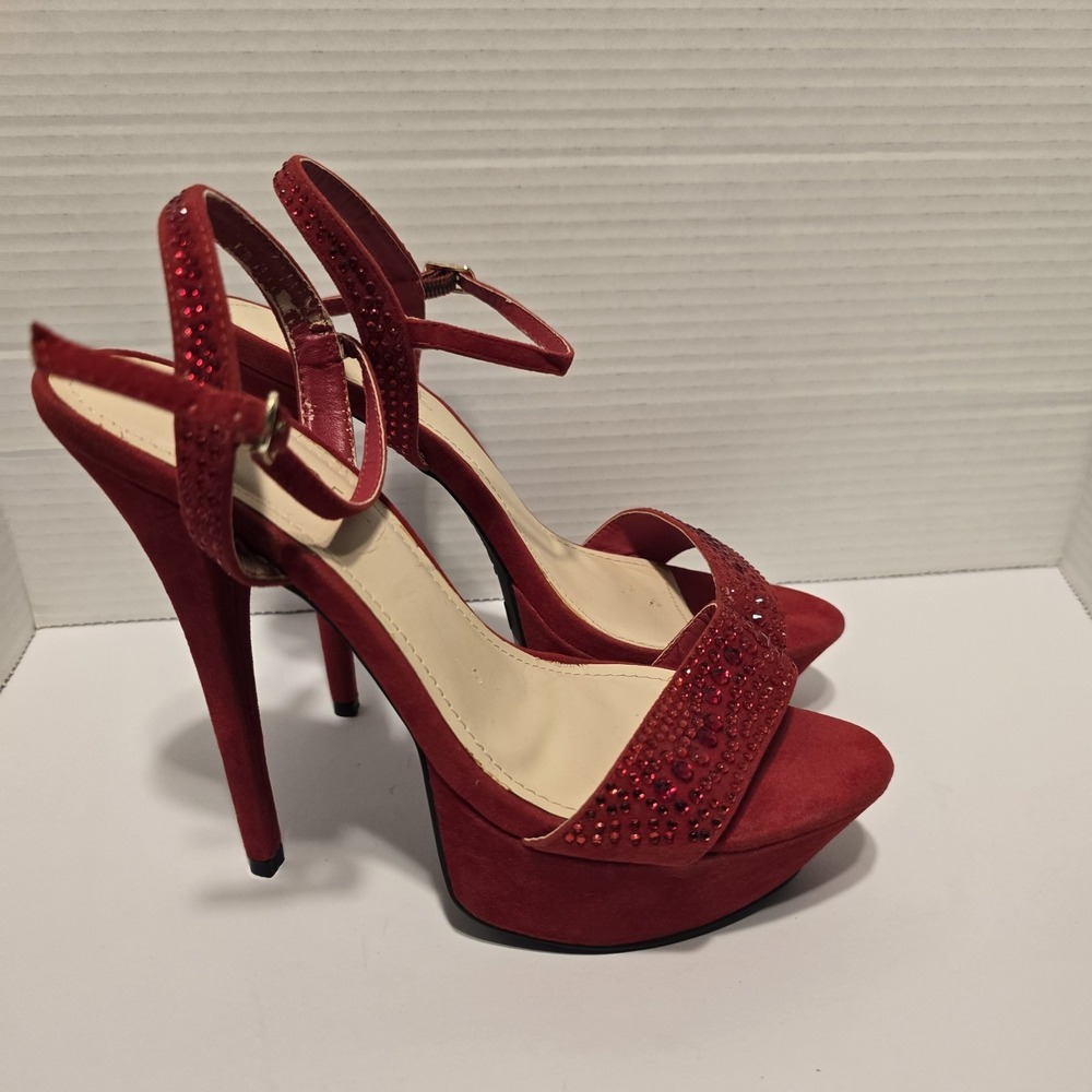 Rouge Helium Red Rhinestone Platform Sandals Stiletto High Heels Womens Size 8 - Picture 4 of 7